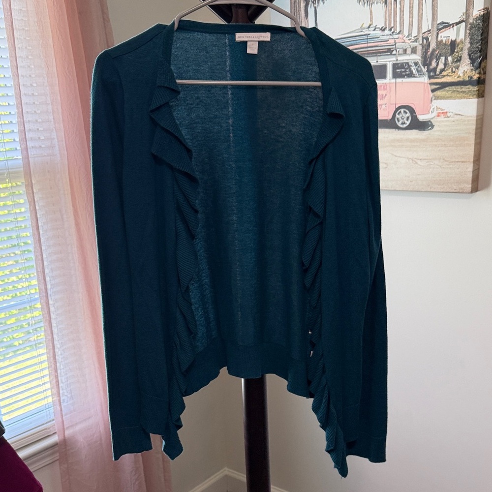 New York & Company Teal Ruffle Open-Front Cardigan